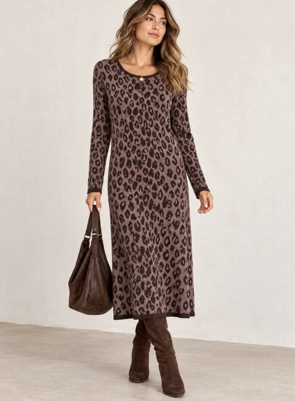 Garnet Hill 100% Merino Wool Leopard Sweater Dress Brown Animal Print LS READ